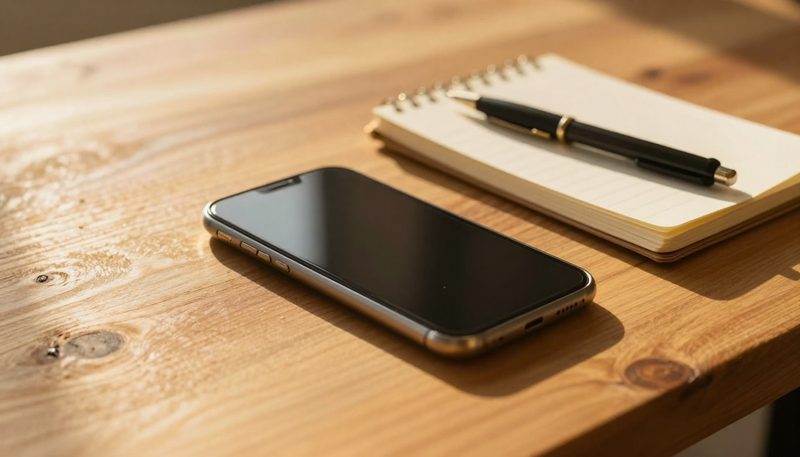A phone, a notebook, and a pen on a sunlit wooden table.