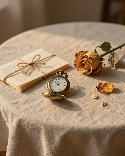 An heirloom pocket watch beside a small bundle of letters tied with twine and a dried rose in warm afternoon light.