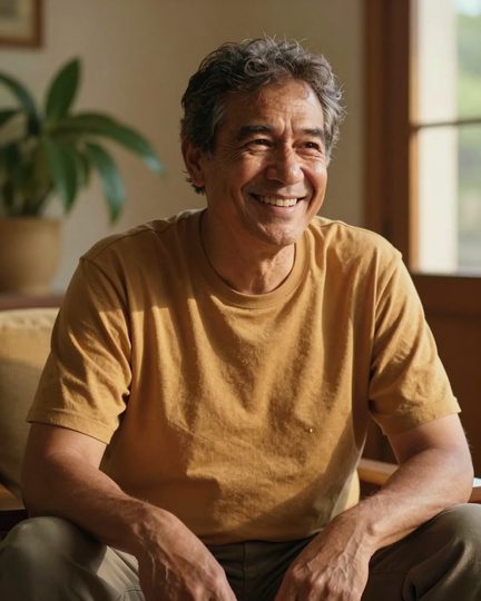 A man in his mid-sixties relaxing at home with a warm, easy smile.