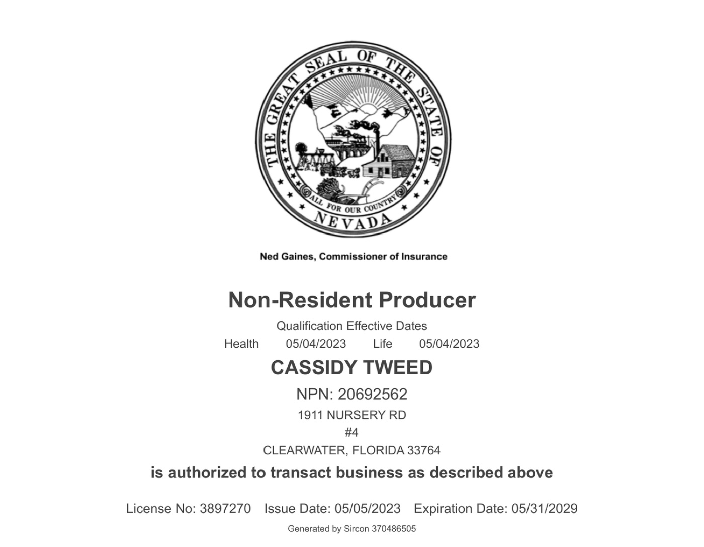 Cassidy Tweed's Nevada insurance producer license.
