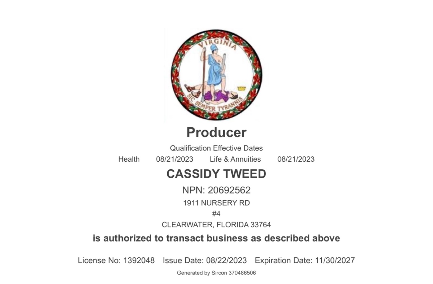 Cassidy Tweed's Virginia insurance producer license.